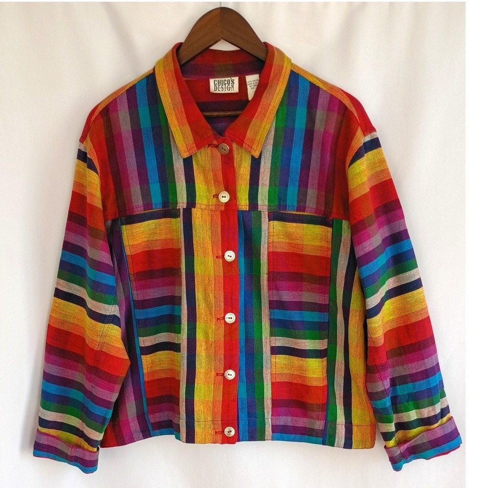 Chicos Design Vintage Rainbow Plaid Cotton Jacket Multi Color Stripe Size 3 (XL)